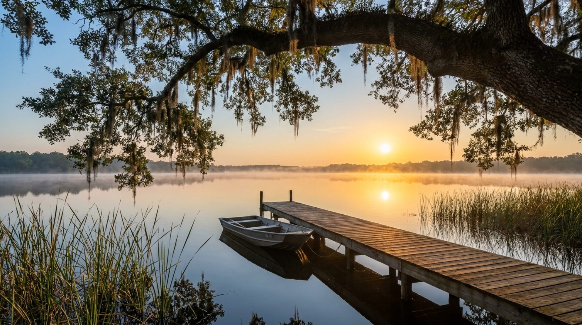 Sunrise over a quiet Northeast Florida lake with Spanish moss and a wooden dock